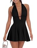 BEAGIMEG Women's Sexy Bodycon Sleeveless Halter Tie up Back Backless Deep V A-line Club Party Mini Dress Black