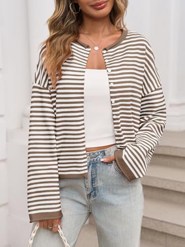 Image of Saodimallsu Womens Striped Cardigan Casual Long Sleeve Open Front Button Down Loose Knit Lightweight Fall Sweaters