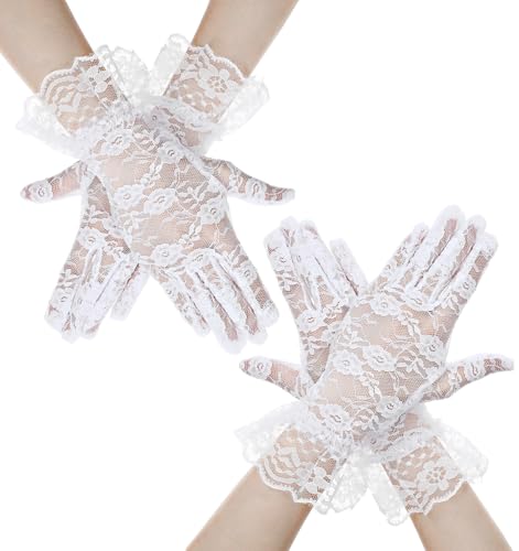 2 Pair White Lace Gloves for Women, Vintage Bridal Wedding & Opera Gloves, Tea Party Evening Prom Accessories