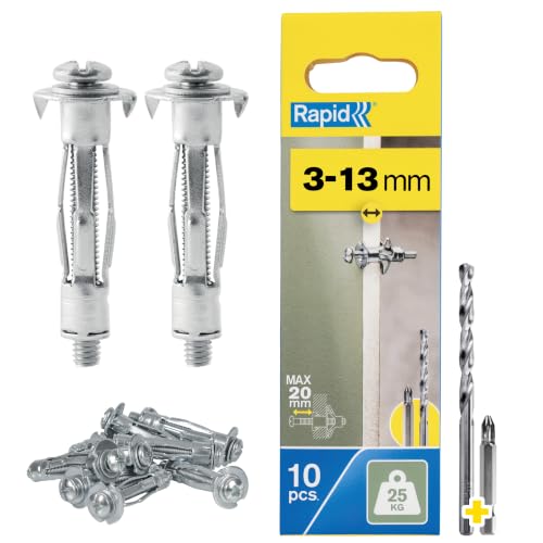 Rapid Confezione da 10 Tasselli ad Espansione in Metallo per Pareti Cave in Cartongesso e Truciolari dallo Spessore di 3-13 mm, Supportano fino ad un Carico di 25 Kg