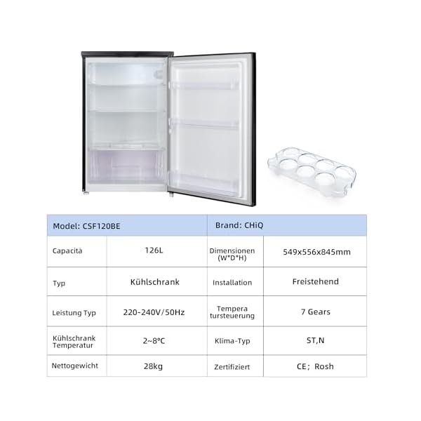 CHIQ 126L Kühlschrank, CSF120BE,Höhe 845 mm, Tiefe 556 mm, 7 Temperaturregelstufen, umkehrbare Tür, Frischhalteschublade, 12 Jahre Garantie auf den Kompressor,39 dB, LED-Beleuchtung, Schwarz – Bild 7