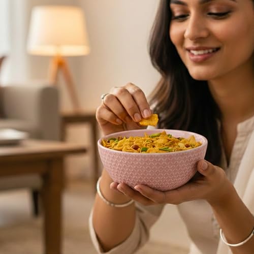 Image of The Earth Store Pink Embossed Ceramic Bowl Set of 2 - 500ML Each | Ceramic Mixing Bowls for Snacks, More | Rice, Dal, Fruits, Salad | Microwave Safe Bowl Set | Perfect for Gifting & Daily Use