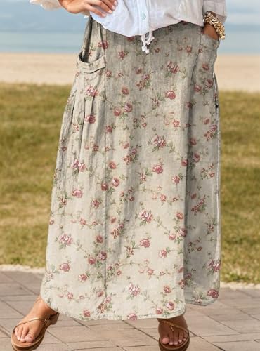 Women's Floral Skirt High Elastic Waist Smocked Maxi Skirt Vintage Trendy Flowy A line Skirts with Pockets2