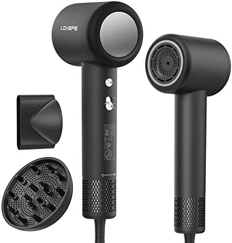 LOVEPS Hair Dryer with Diffuser, 110000 RPM Brushless Motor Ionic Blow Dryer, Professional Portable Quiet Hair Dryers Low Noise, Magnetic Nozzle, Fast Drying for Travel, Salon, Women Gifts - Black