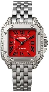 ساعة يد نسائية فاخرة، إطار ثماني الأضلاع مرصع بالكريستال، مينا حمراء، سوار معدني فضي