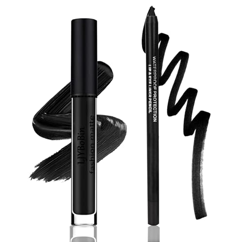 Ljybobin Black Matte Liquid Lipstick Set,Waterproof Smudge Proof Black Lip Liner And Lipstick Set For Women,Velvet Long Lasting Non-Stick Cup Lip Gloss Stain Set For Halloween Cosplay Goth Daily Lip Makeup cover