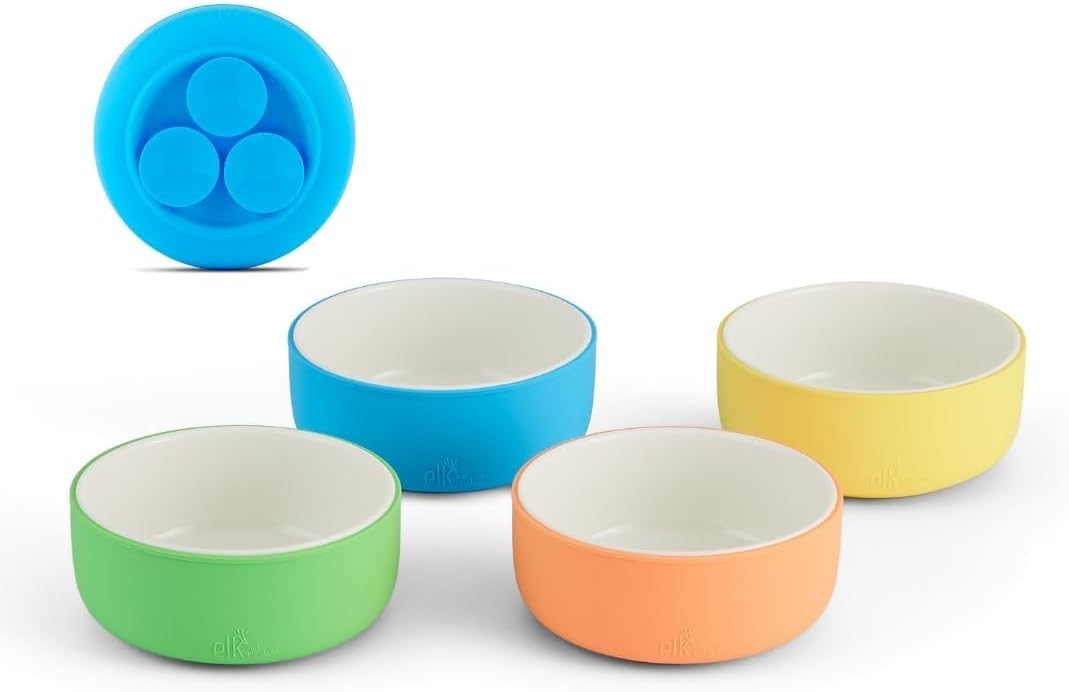 Elk and Friends Kids Porcelain Bowls with Silicone Suction Sleeve | Kids/Toddler/Baby Feeding | Microwave & Dishwasher Safe | Non slip | Cereal/Soup/Snack Dishes & Dinnerware