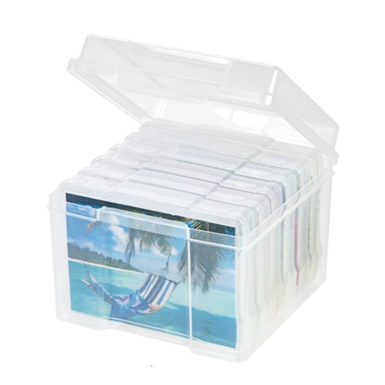 Photo Storage Box 5x7 Photo Case, 6 Inner Photo Keeper, Clear Photo Boxes Storage, Seed Organizer Craft Storage Box for Cards Pictures Stamps Office Supplies with 1 Sheet Label Sticker