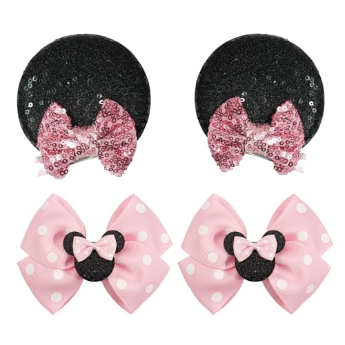 2 Pairs Pink Mouse Ears Hair Clips & Mouse Hair Bows Barrettes for baby Girls Accessories Birthday Party Decorations Gift