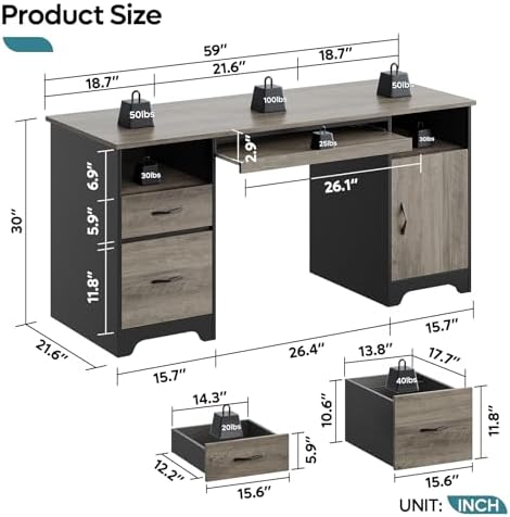 59” Executive Desk with 2 Drawers, Computer Desk with