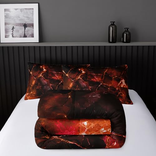 Image of Nttopship Orange Comforter Set Queen Size,Orange Marble Bedding Set 3 Pcs Bedding for Adults, Marble Room Decor with Comforter and 2 Pillowcases Soft and Lightweight B-Side Black