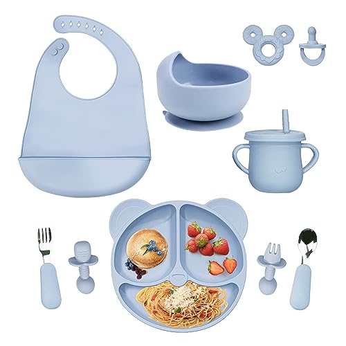Image of Baby Led Weaning Supplies 10 Pack, Silicone Baby Feeding Set with Suction Bowl Divided Plate, Toddler Self Feeding Dish Set with Bib and Plate, Spoon and Fork, Nipple and Teether, Sippy Cup and Lid