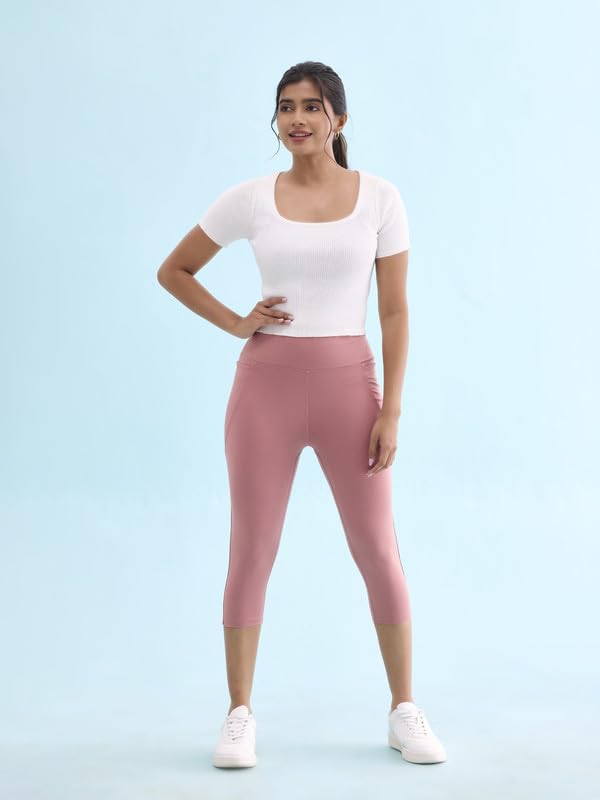 Image of GO COLORS Womens Solid Training Capri | Elastane, High Rise