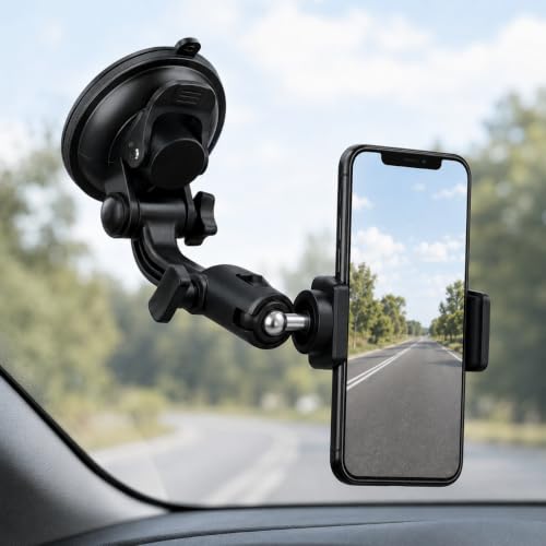 Image of Car Suction Cup Mount with 360 Adjustable Folding Arm | Action Camera Adapter & Smartphone Holder for Windshield, Dashboard, Glass and Smooth Surfaces