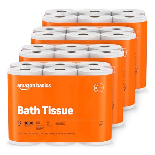 Amazon Basics 1000 Sheet 1-Ply Bath Tissue, 48 Rolls (4 Packs of 12)