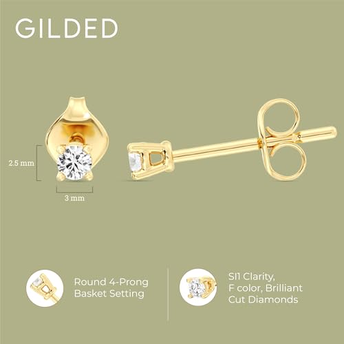 Gilded Lab-Grown Diamond Stud Earrings for Women| 925 Sterling Silver Studs and 14KT Gold 925 Plated Silver | Hypoallergenic Fine Jewelry | 4-Prong Basket, Push Back Nut | Round Cut, SI1 Clarity, F Color | 1/10,1/5,1/4,1/3,3/8,1/2,3/4,7/8,1 Carat Total Weight4