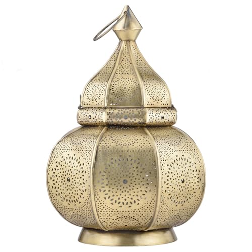 Marrakesch Lampe und Laterne in einem aus Metall 30 cm groß | Tischlampe Windlicht Lamisa Gold als Orientalische Dekoration
