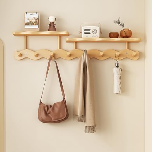 Walnut Wall-Mounted Coat Rack with Shelf - Solid Wood Hook for Hats, Clothes, Towels & Bags - Stylish Wave Design, 4 Durable Hooks for Entryway Organization