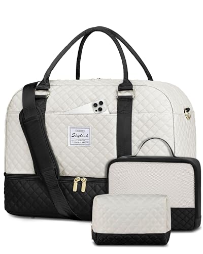 Weekender Travel Duffle Bag for Women: Overnight Bags with Shoe Compartment Carry on duffel Bag for Airplanes with 2 PCS Toiletry Weekend Yoga Gym Hospital Bag with Wet Pocket Black Beige