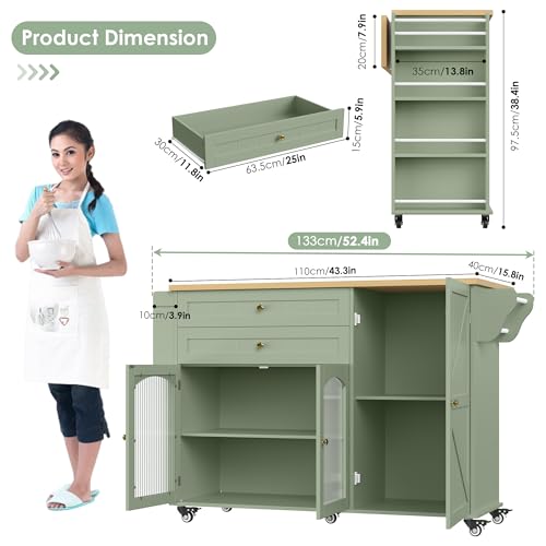 FINETONES Kitchen Island with Storage, Rolling Kitchen Island on Wheels with Wood Drop Leaf Countertop, Island Table Bar Cart with Spice Towel Rack Portable Kitchen Table Kitchen Carts on Wheels