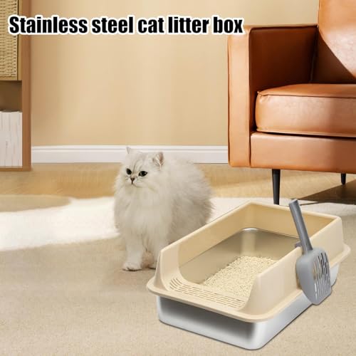 Katzentoilette – graues Tablett aus PP & Edelstahl 39,75 x 40,8 x 19,81 x 17,48 cm, Schaufel für eine einfache Reinigung, Geruchskontrolle im Innenbereich | Kätzchen für Toilette