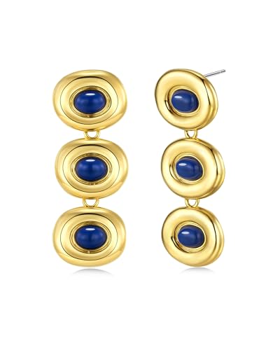 Gold Blue Circular Round Oval Lapis Lazuli Resin Gemstone Long Dangle Drop Statement Earrings for Women by SNGIA, Chunky Vintage Retro Boho Bold Handmade Natural Exaggerated Trendy Bohemian Jewelry Gifts, Unique Baroque Dangling Stone Summer Beach Fashion Stud Earrings Accessories, Nickle Free Huggies Earrings