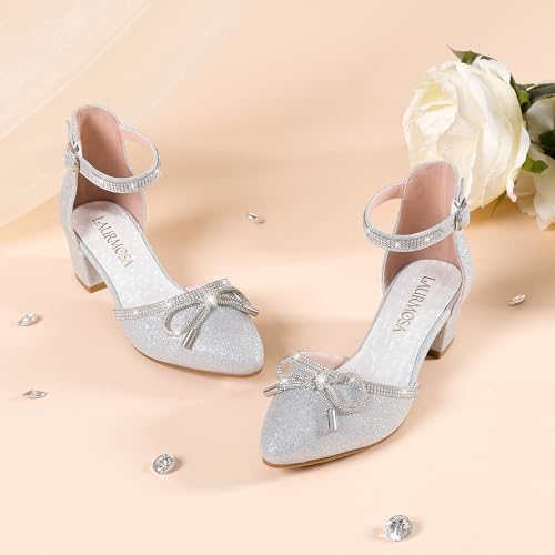 Image of LAURMOSA Girls Sandals Closed Toe High Heels Pointed Toe Ankle Strap Pumps Flower Girl Dressy Shoes in Wedding Party Cute Bowknot Chunky Block Heeled for Little Big Kids