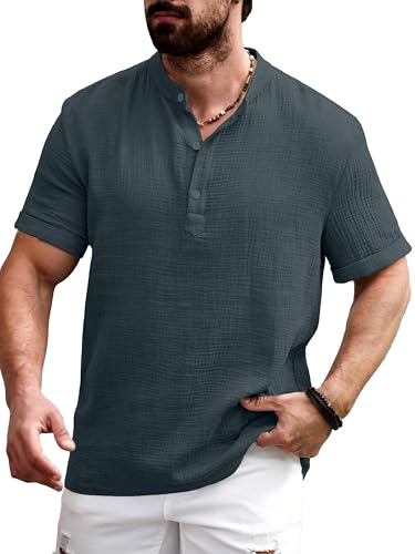 Image of Men Shirt | Black Textured Cotton Blend | Regular Fit Casual Shirt | Half Short Sleeve | Mandarin Chinese Collar | Button Down | Summer Office Wear | Stylish Shirt for Men