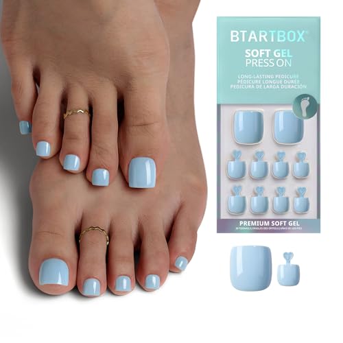 BTArtbox Press On Toenails - Soft Landing, Easy-to-Apply Light Blue Short Square Toe Nail Press Ons with Glue and Adhesive Tabs in 15 Sizes - 30 Toenails All-in-One Kit