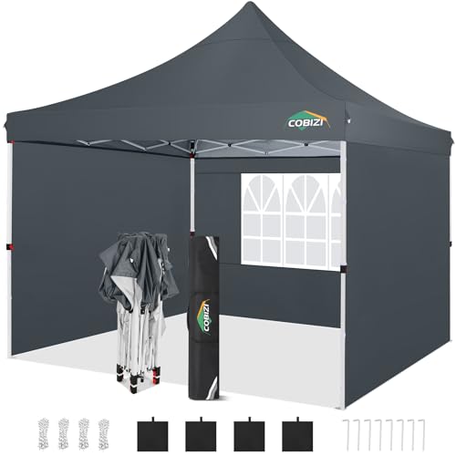 Image of COBIZI 10x10 Pop Up with 3 Sidewalls, Canopy Tent 10x10 for Parties, Backyard, Commercial, Waterproof and Portable Instant Shelter UV50+ Outdoor Canopy Gazebo with 4 Sandbags (Grey)