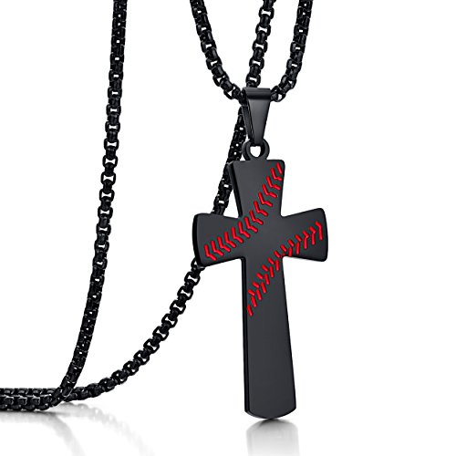 Rehoboth Baseball Stainless Steel Cross Pendant Necklace for Boy or Men With 20+2" Adjustable Chain Black Bible Verse on Back