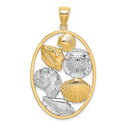 Auriga Fine Jewelry 14k Gold Rhodium Plated Shell Cluster in Oval Frame Charm (L- 45 mm, W- 28.4 mm) Gift for Women