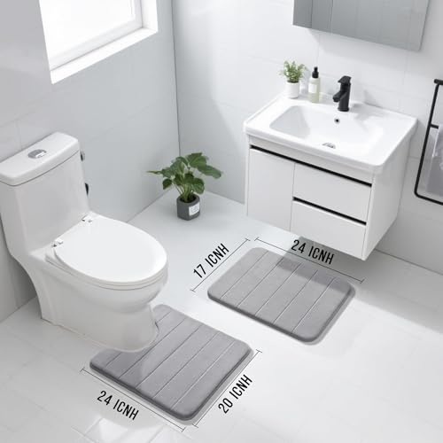 Image of Yimobra U-Shaped Toilet Bath Mat Set 2 Piece - Super Soft Absorbent Quick Dry Memory Foam Bathroom Rugs, Machine Washable Non Slip Floor Carpet for Tub Shower & Single Sink (17x24 & 24x20, Gray)