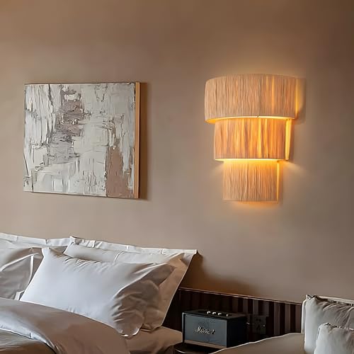 Image of Bofea-Boho Wall Llight with Hand Woven Hemp Rope Shade,Plug in Wall Sconce | Hand Woven Wall Hanging Lamps,Rustic Three Layers Wall Lamps Light Fixture Indoor for Bedroom Stairway