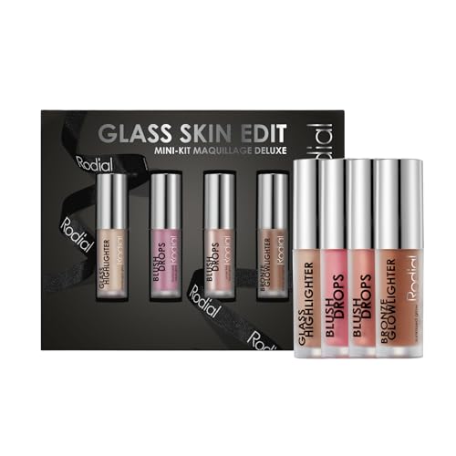 Rodial Glass Glow Edit: Blush Drops - Frosted Pink, Blush Drops - Sunset Kiss, Bronce Glowlighter, Glass Highlighter | Kit de Maquillaje Lujoso | Regalo de Belleza