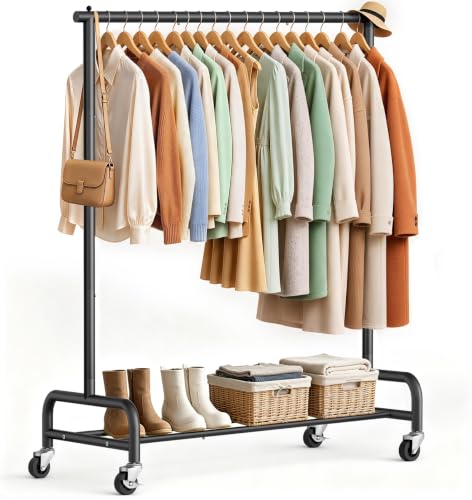 SLEEPING LAMB Heavy Duty Clothing Racks for Hanging Clothes Rack, 43' Wide Rolling Garment Rack Metal Clothing Hanger Rack with Wheels Wardrobe Rack for Coats, Shirts, Dress, (Black)