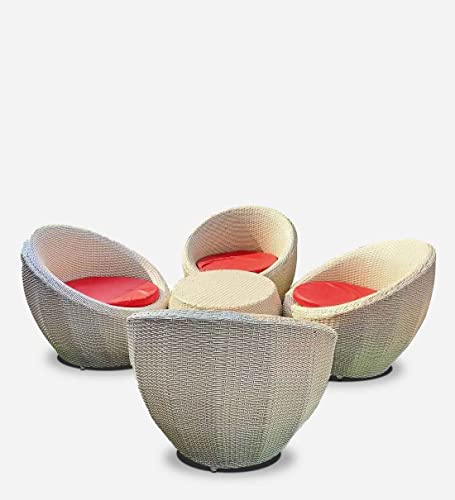 Image of Artic Fashion Apple Chairs Table Set 4+1 Wicker Patio Furniture Sets 4 Chair and 1 Table with Cushions for Garden Balcony Bedroom Powder Coated Frame Uv Protected Wicker (Off White+Red)