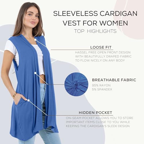 Image of Azules Sleeveless Long Cardigan for Women with Pockets - Lightweight Open Front, Flowy Dressy Layer for Work or Casual Wear