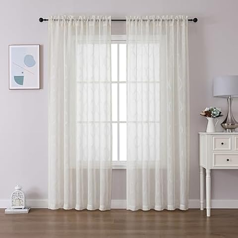 MISS SELECTEX Ivory Sheer Curtains 84 Inches Long 2 Panels Geometric Moroccan Metallic Silver Sparkling Decorative Linen Look Rod Pocket Semi Sheer Window Treatments Drapes for Living Room Bedroom Cover