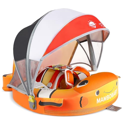 Mambobaby Baby Pool Float with Canopy, Non-Inflatable Infant Floats with Tail Solid Upgrade Soft Waterproof Skin-Friendly Mambo Baby Swimming Float for 3-24 Months Baby Boys Girls (Clownfish)