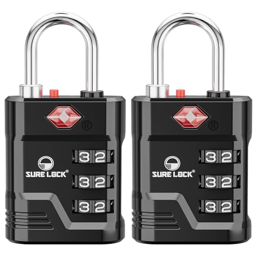 SURE LOCK TSA Locks for Luggage, TSA Approved Luggage Locks with Open Alert, 008 Key for High Security, Easy Read Dials, Zinc Alloy Body, Locker Lock for Suitcase, Gym, Travel. (Black 2 pk)