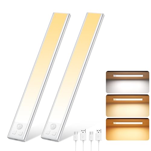 Luz de Armario Sensor Movimiento con 3 Colores Temperatura, 31CM Recargable Lampara LED Adhesiva, Regulable Luz Nocturna para Cocina,Gabinete,Escalera,Sótano,Garaje-2PCS