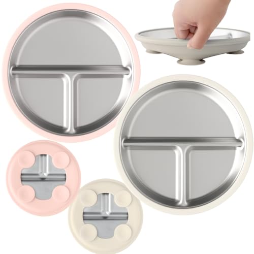 Stainless Steel Toddler Plate with Suction Set of 2, 8” Divided Plates with Removable Silicone Sleeves for Kids, Non Toxic & BPA Free | Non Slip | Unbreakable Baby Dishes, (Tofu & Pearl Blush)