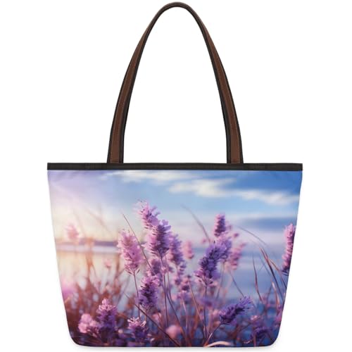 Lavender Flower Lake Tote Bag Multi Pocket Zippered Beach Bag Lightweight Waterproof Handbag for Women Men Work Gym Travel Swimming Yoga Grocery Shopping M