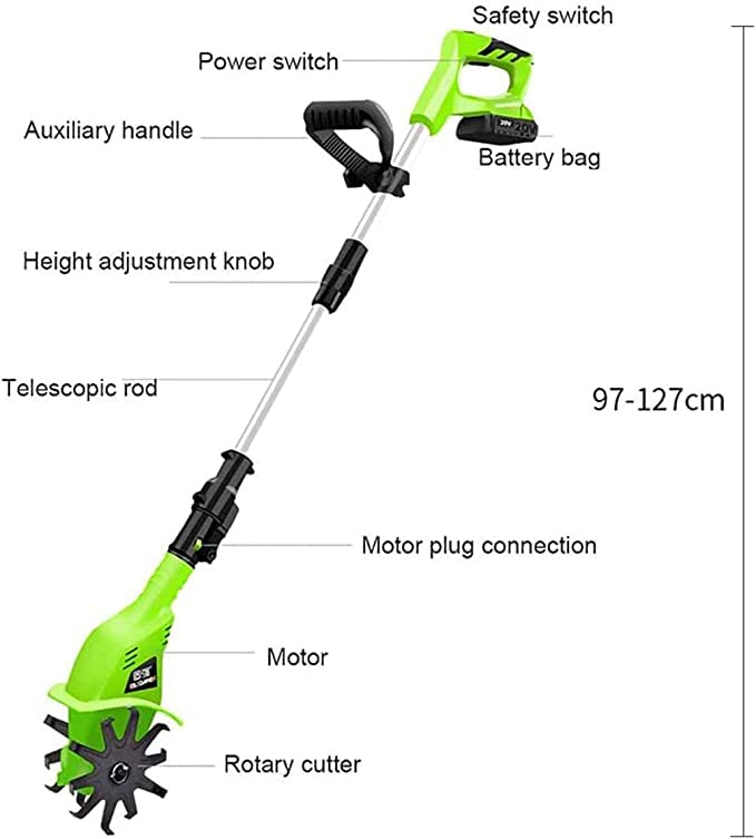 Motobineuse de Jardin, motobineuses/cultivateurs Portables électriques sans Fil, motobineuses de Jardin sans Fil 20 V, Poteau rétractable de 97 cm à 127 cm, cultivateur électrique