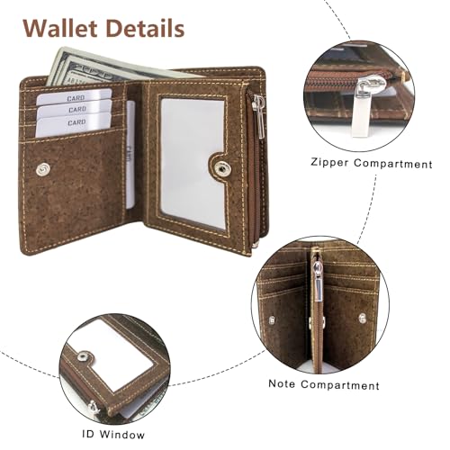 Image of Eco Cork Friendly RFID Blocking Wallet Bi-fold Card Holder Vertical Wallet With Zippered Coin Purse & ID Window
