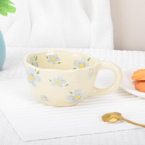Keramik Teetasse, Geschenke für Frauen, Kawaii Kaffeetasse Handgemachte Kreative Blume becher mit Löffel, Ästhetische Tassen für Milch 250ml Cappuccinotassen Weihnachten Geschenk (Blau) – Bild 4