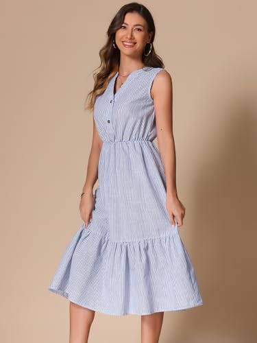 Image of Allegra K Striped Shirt Dresses for Women's Sleeveless Work V Neck Ruffleed Midi Dress