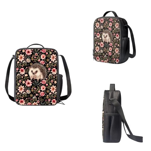 Cute Hedgehog Floral Backpack - 3PCS Personalized Bookbags for Girls Kids Kindergarten Elementary Preschool Middle School Student, Large Capacity with Lunch Box Pencil Case3