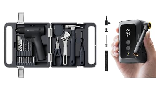 HOTO 25PCS Household Tool Kit with 16V Brushless Drill + HOTO Mini Bike Tire Pump